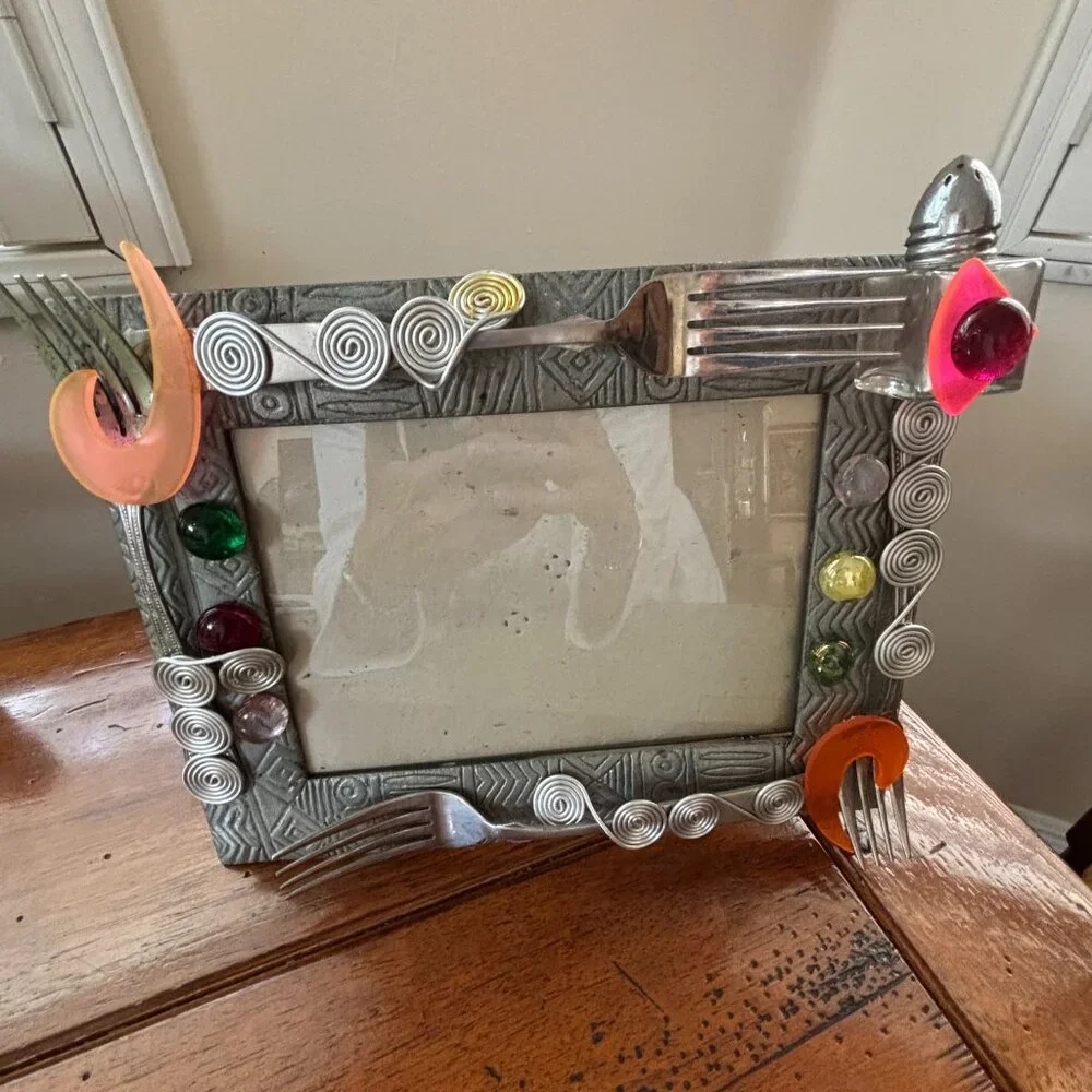 Picture Frame with Jewels and Kitchen Forks attached